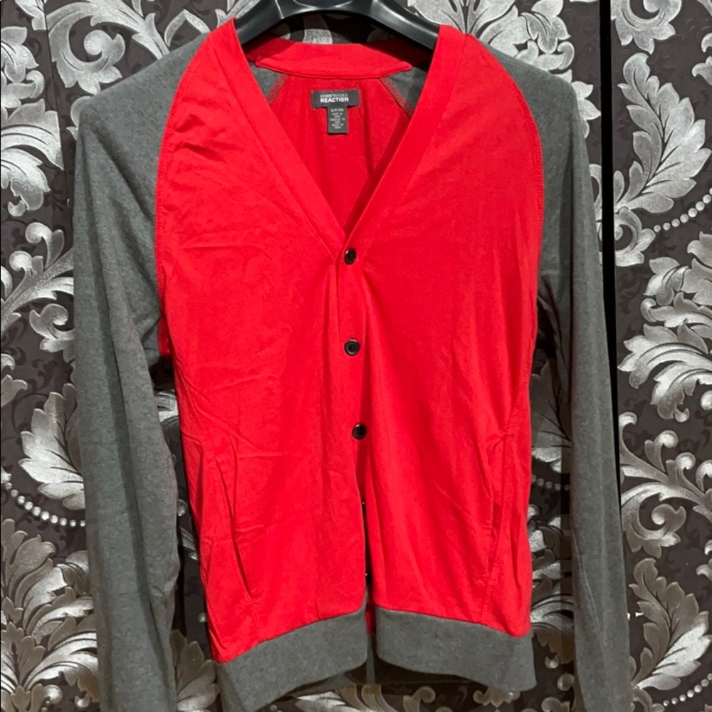 Grey bright red cardigan sweater